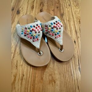 THE SAK Shana Rainbow Wood‎ Beaded Hand Crochet Sandals Size 6 Boho Thong
